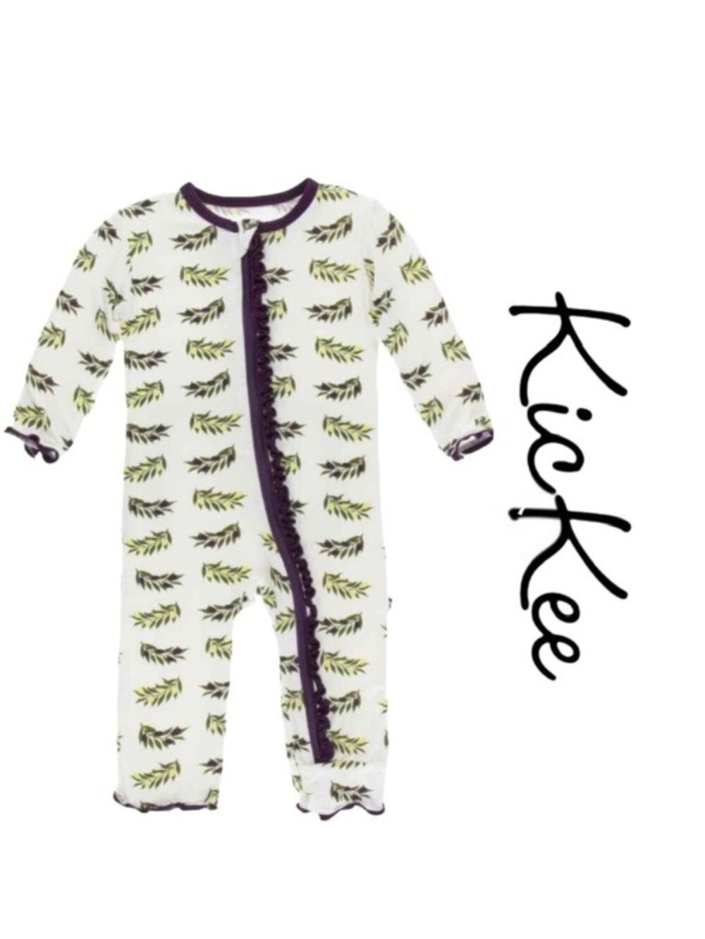 Kickee Pants | Coverall with Zipper Natural Olive Branch | Size 12 - 18 Months